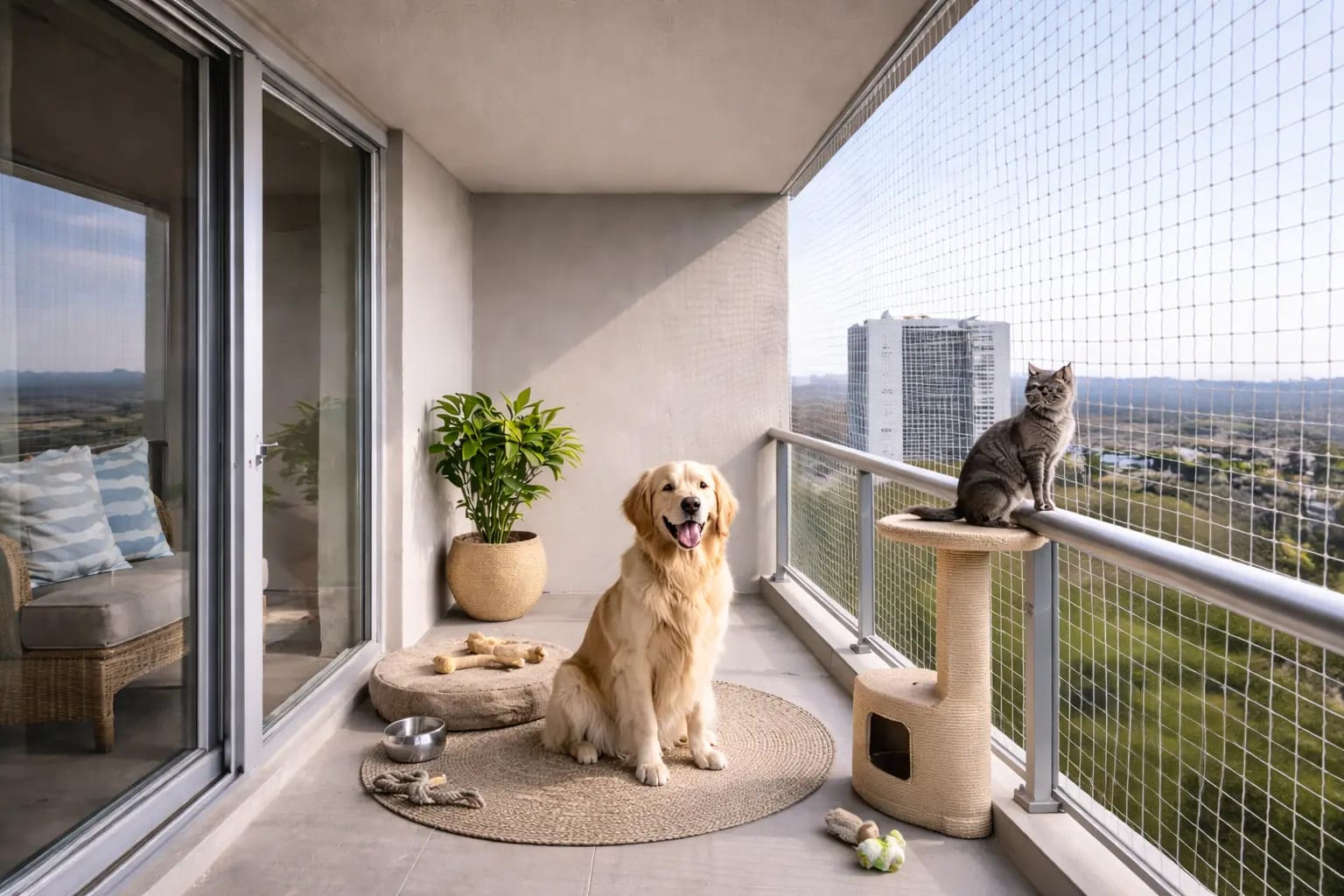 Pet safety net on a balcony keeping a dog and cat secure