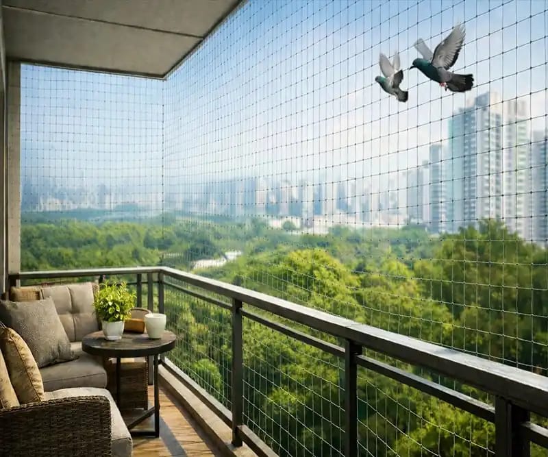 Pigeon net fitted to an apartment balcony keeping birds out